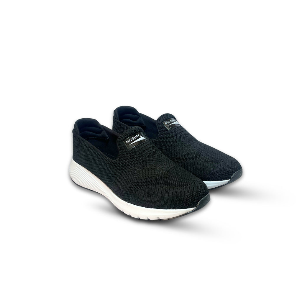 A pair of black sports sneakers with lace-up closure and a white sole.
