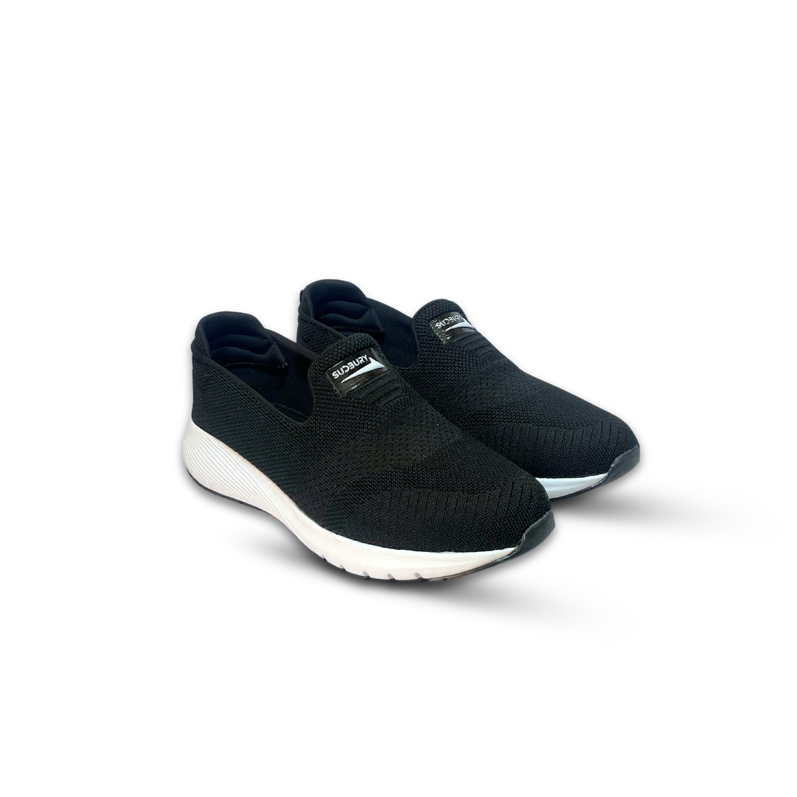 A pair of black sports sneakers with lace-up closure and a white sole.