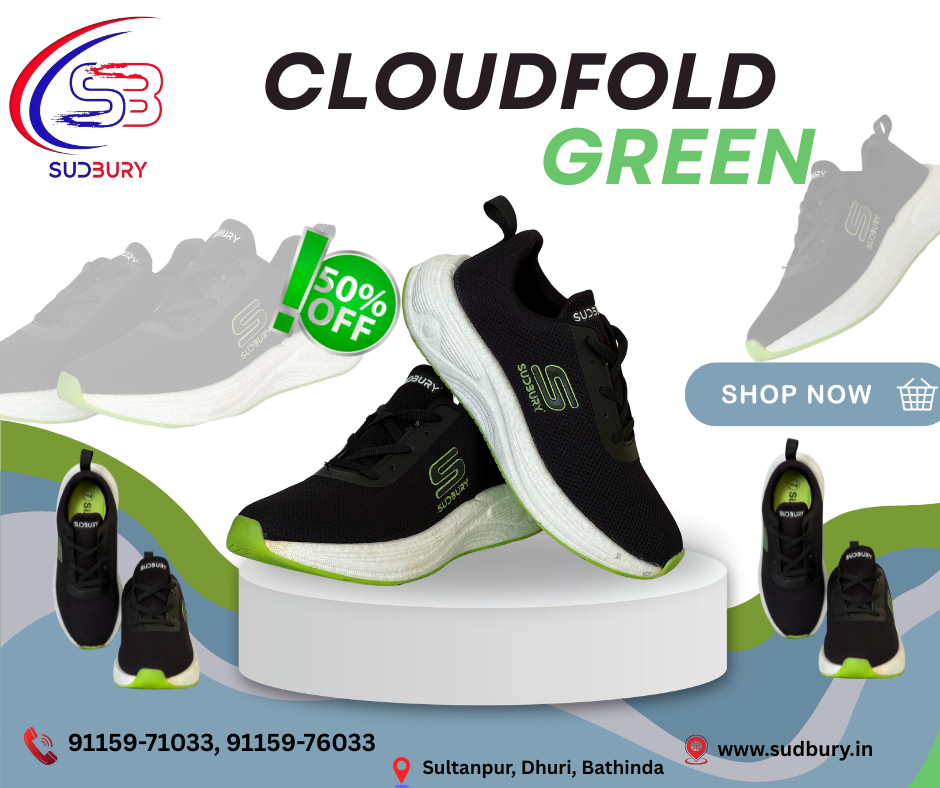 Black and green sneakers with promotional text and Sudbury logo on a white background