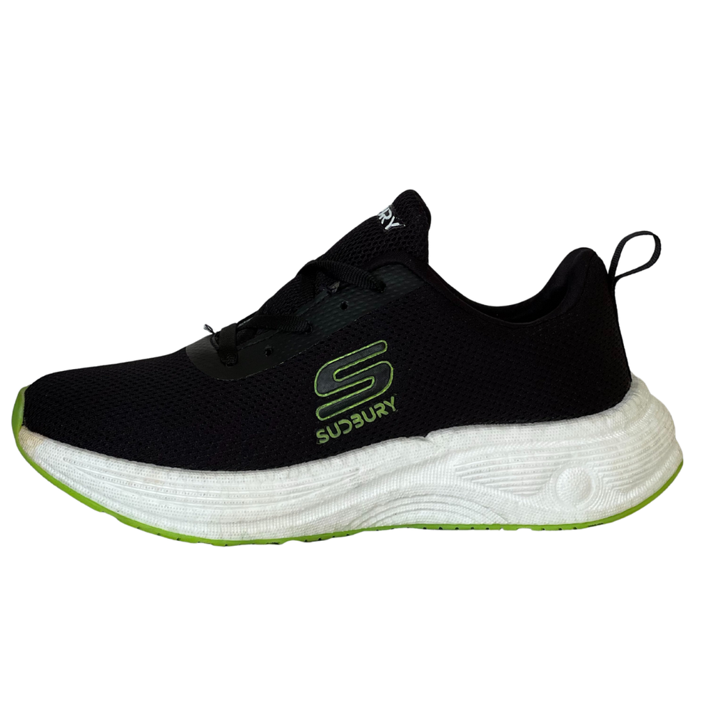 Black running shoe with white sole and green accent on a white background