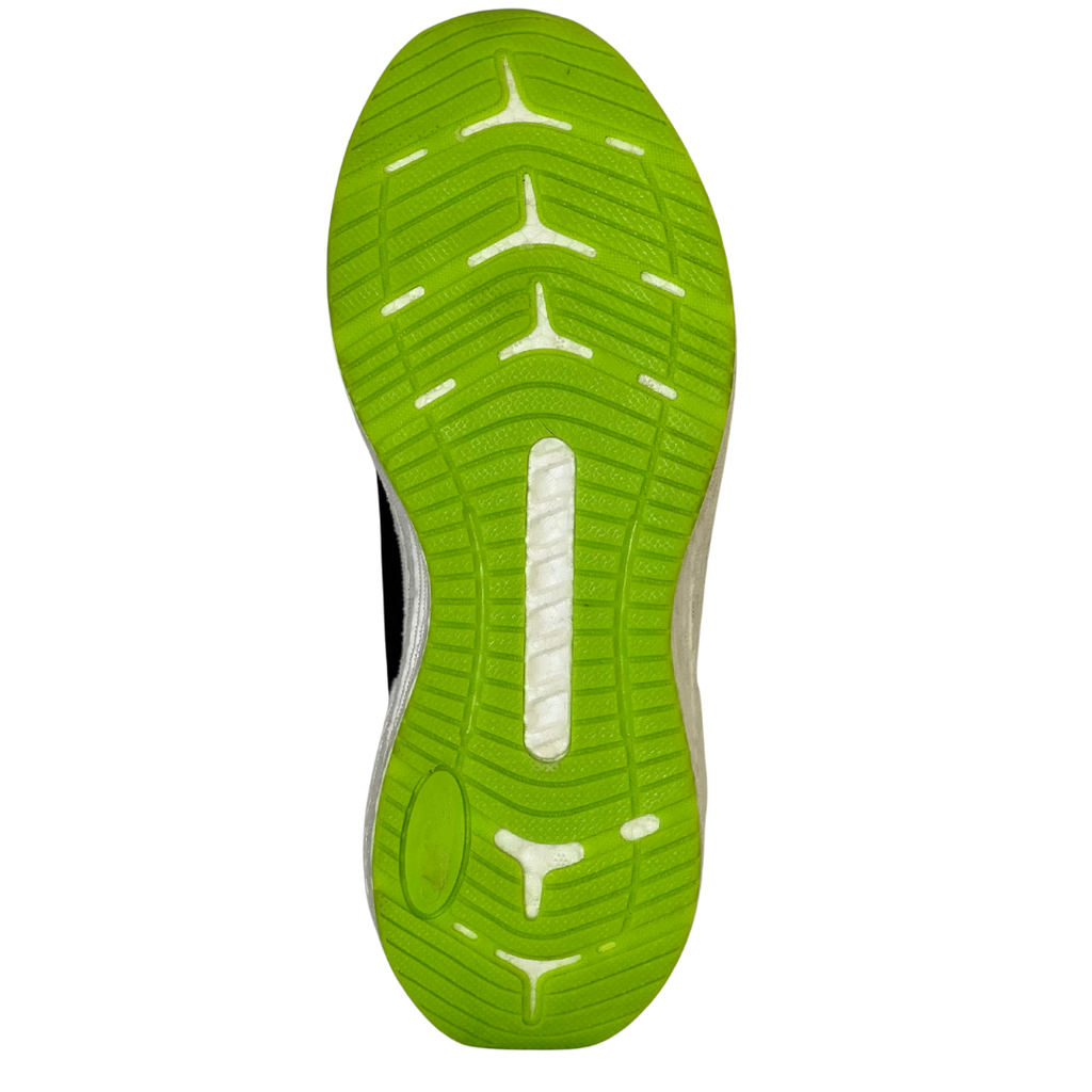 Close-up of a green shoe sole with white tread pattern on a white background