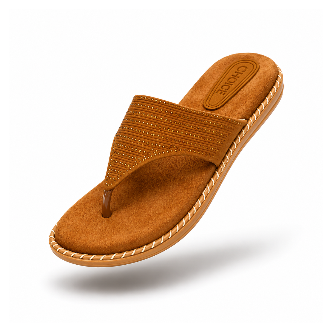 Front diagonal view of Sudbury Women's Brown Slippers showing embellished upper