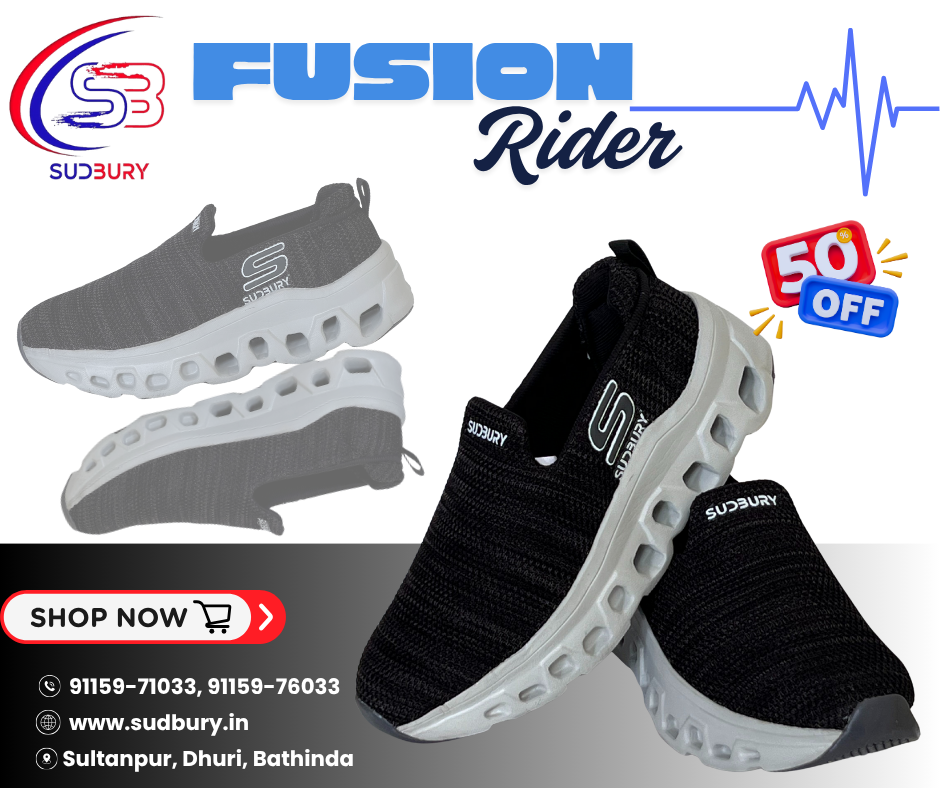 Black and gray sneakers with 'Sudbury' branding on a white background, featuring promotional text and contact information.