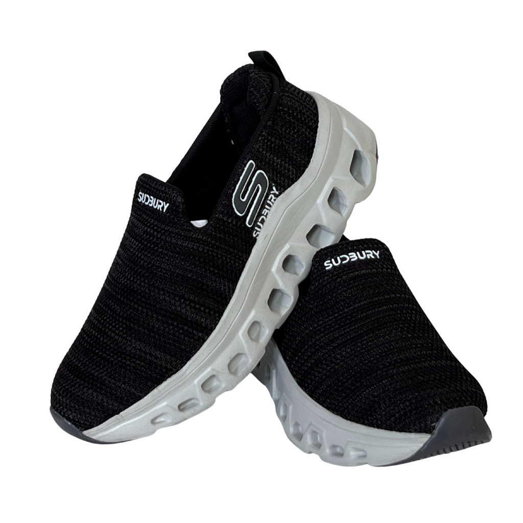 Black and gray sneakers with 'Skechers' branding on a white background