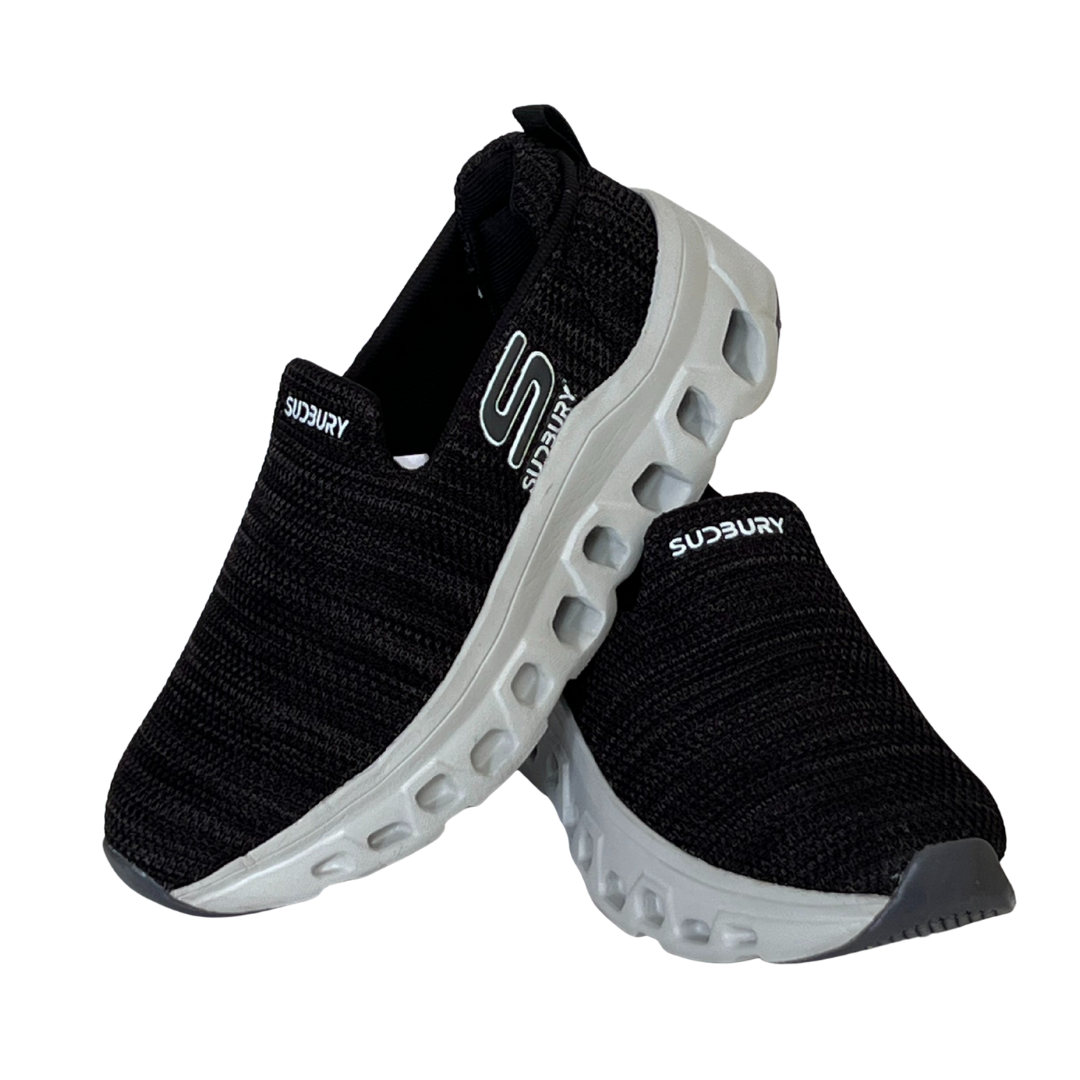Black and gray sneakers with 'Skechers' branding on a white background