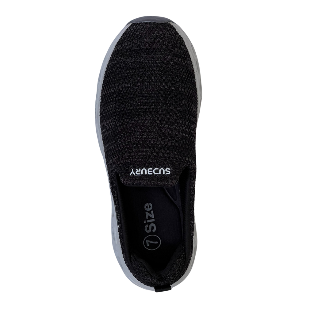 Black slip-on sneaker with gray sole on a white background