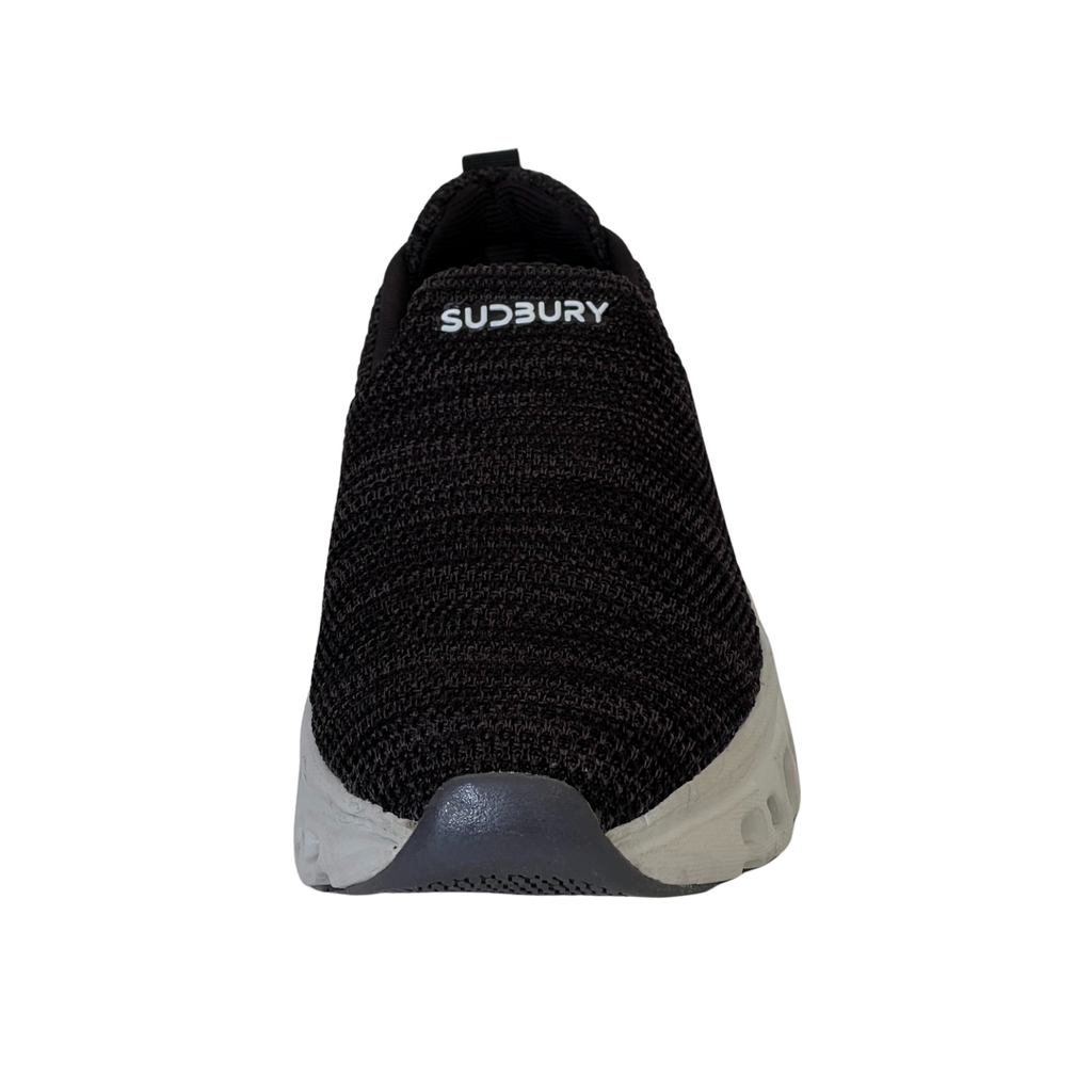 Black knit shoe with 'Sudbury' branding on a white background