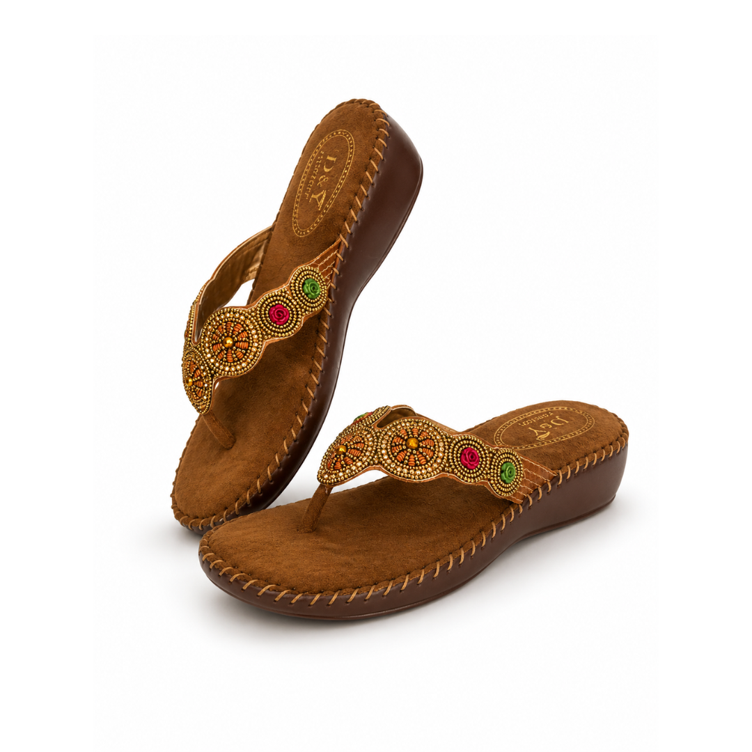 Sudbury Women's Brown Ethnic Toe-Ring Slippers – Side Angle View