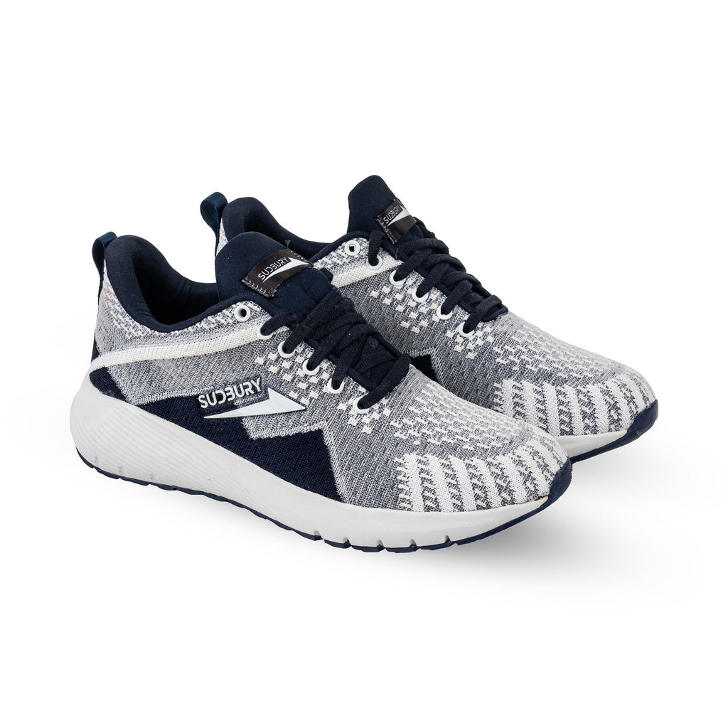 A pair of men's walking shoes with a mesh upper in white and blue, featuring a branded sole and lace-up closure.
