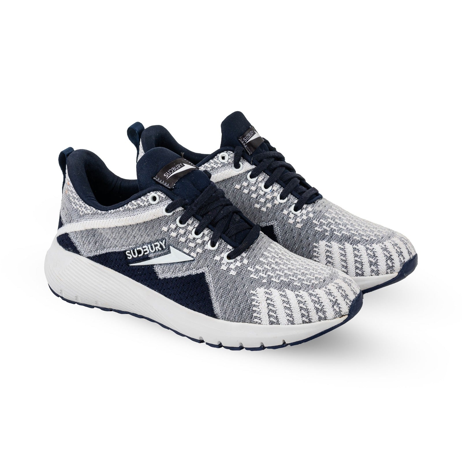 A pair of men's walking shoes with a mesh upper in white and blue, featuring a branded sole and lace-up closure.