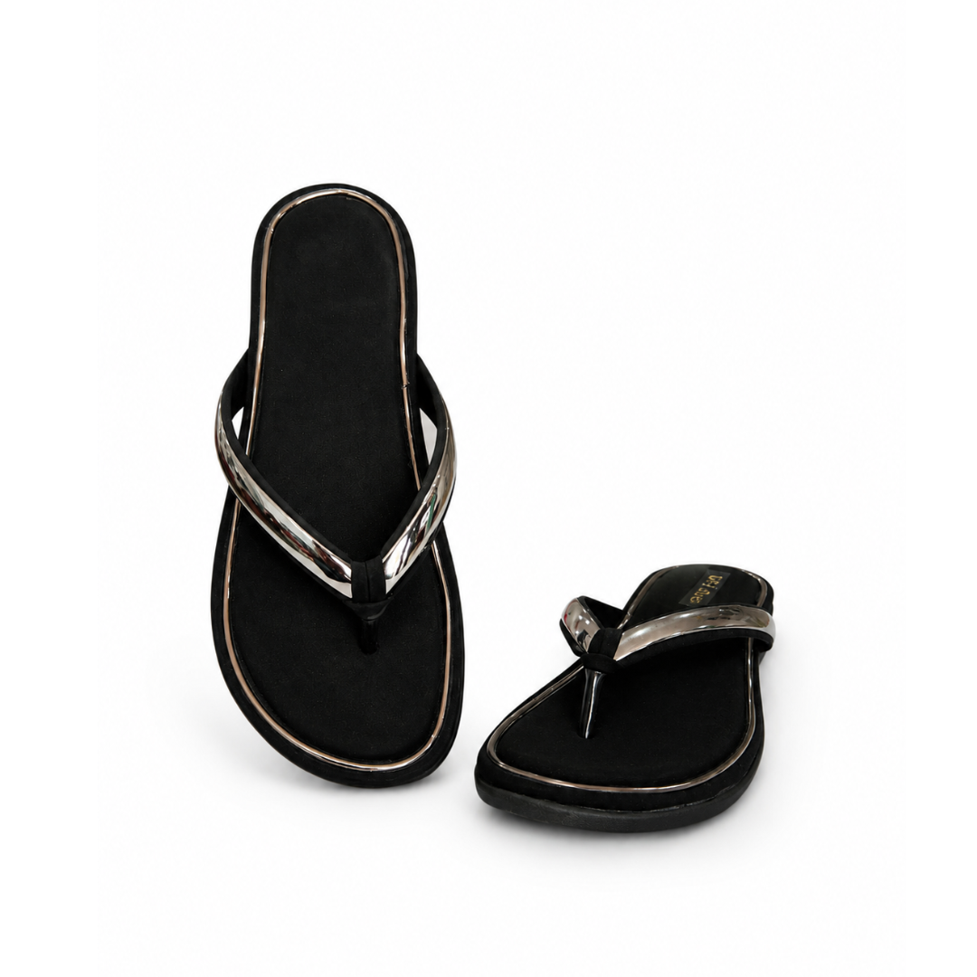 Black flip-flops with metallic straps on a white background