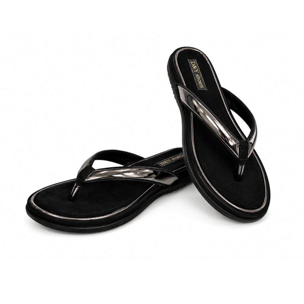 Black flip-flops with a brand logo on a white background